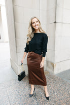 Cozy Chocolate Satin Midi Skirt - 3125 Clothing